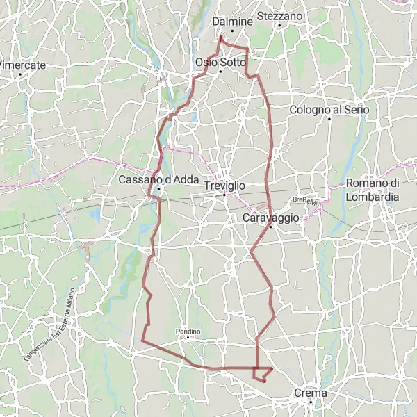 Miniatura della mappa di ispirazione al ciclismo "Dalmine - Cassano d'Adda" nella regione di Lombardia, Italy. Generata da Tarmacs.app, pianificatore di rotte ciclistiche