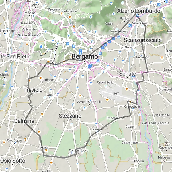 Miniaturekort af cykelinspirationen "Bergamo højdepunkter tur" i Lombardia, Italy. Genereret af Tarmacs.app cykelruteplanlægger