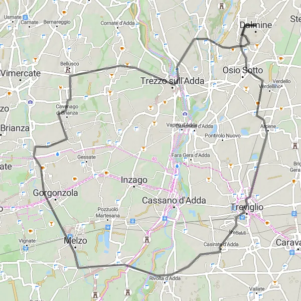 Mapa miniatúra "Jízda kolem Capriate San Gervasio - Gorgonzola" cyklistická inšpirácia v Lombardia, Italy. Vygenerované cyklistickým plánovačom trás Tarmacs.app