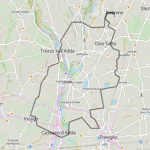 Miniatuurkaart van de fietsinspiratie "Fietsen door Cassano d'Adda en Capriate San Gervasio" in Lombardia, Italy. Gemaakt door de Tarmacs.app fietsrouteplanner