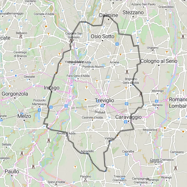 Mapa miniatúra "Okruh Levate - Agnadello" cyklistická inšpirácia v Lombardia, Italy. Vygenerované cyklistickým plánovačom trás Tarmacs.app