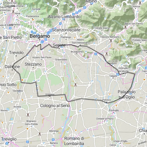 Kartminiatyr av "Bergamo rundtur på 66 km" sykkelinspirasjon i Lombardia, Italy. Generert av Tarmacs.app sykkelrutoplanlegger