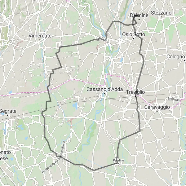 Miniatua del mapa de inspiración ciclista "Exploración de Spino d’Adda y Capriate San Gervasio" en Lombardia, Italy. Generado por Tarmacs.app planificador de rutas ciclistas