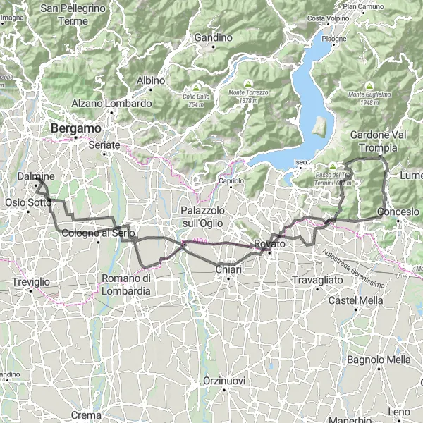 Miniatua del mapa de inspiración ciclista "Ruta de ciclismo de 148 km en carretera cerca de Dalmine" en Lombardia, Italy. Generado por Tarmacs.app planificador de rutas ciclistas