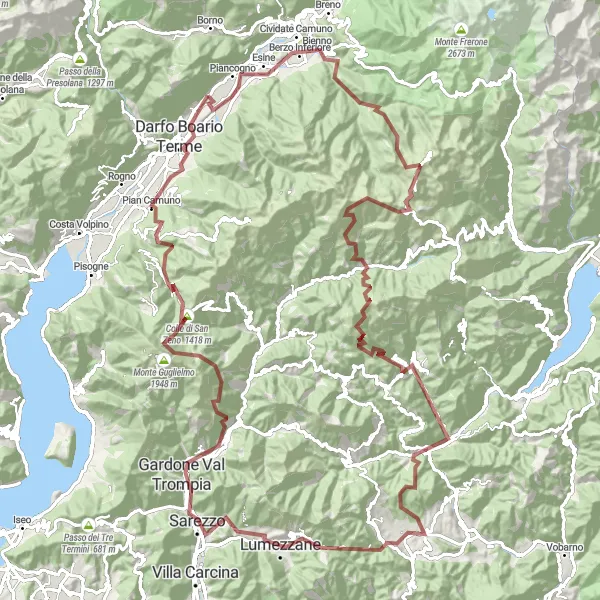 Karten-Miniaturansicht der Radinspiration "Die abenteuerliche 139 km lange Schotterroute rund um Darfo Boario Terme" in Lombardia, Italy. Erstellt vom Tarmacs.app-Routenplaner für Radtouren