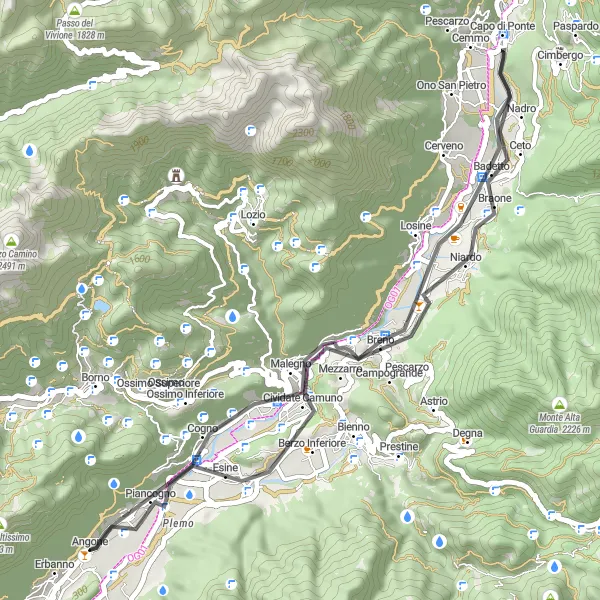 Miniatura della mappa di ispirazione al ciclismo "Esplorazione della Val Camonica" nella regione di Lombardia, Italy. Generata da Tarmacs.app, pianificatore di rotte ciclistiche