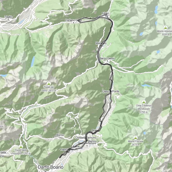 Miniatura della mappa di ispirazione al ciclismo "Avventura tra i monti della Val Camonica" nella regione di Lombardia, Italy. Generata da Tarmacs.app, pianificatore di rotte ciclistiche