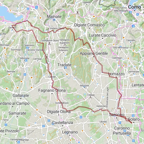 Map miniature of "Challenging gravel ride with panoramic views" cycling inspiration in Lombardia, Italy. Generated by Tarmacs.app cycling route planner