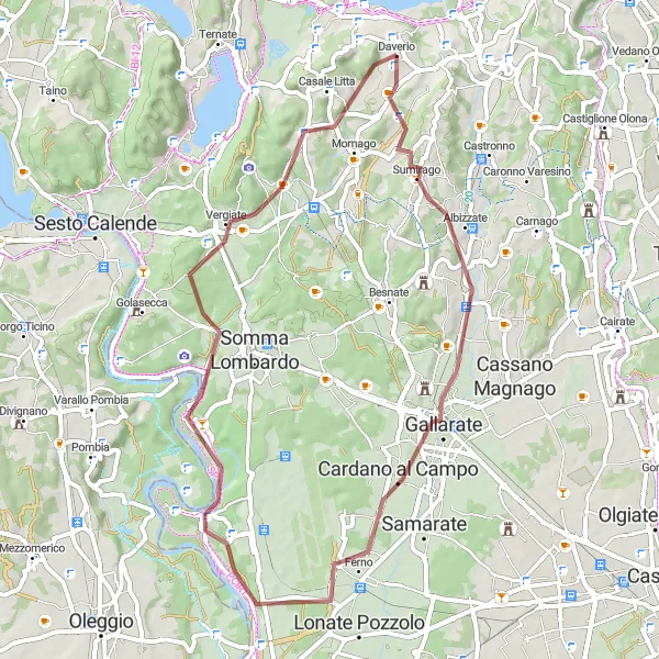 Map miniature of "Gravel ride around Daverio" cycling inspiration in Lombardia, Italy. Generated by Tarmacs.app cycling route planner