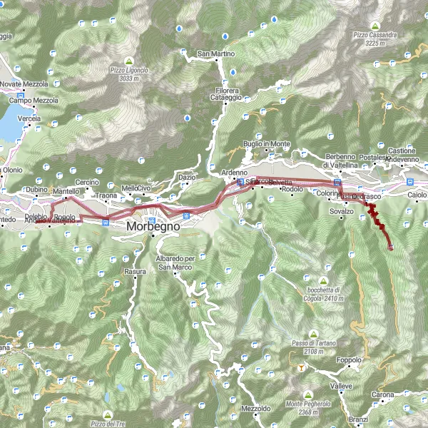 Miniaturní mapa "Gravel Road to Mantello" inspirace pro cyklisty v oblasti Lombardia, Italy. Vytvořeno pomocí plánovače tras Tarmacs.app