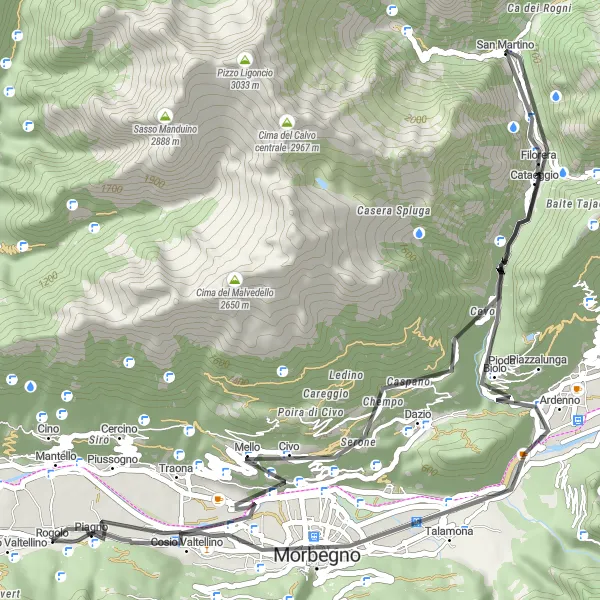 Mapa miniatúra "Cyklotúra okolo Delebia cez Rogolo a Ardenno" cyklistická inšpirácia v Lombardia, Italy. Vygenerované cyklistickým plánovačom trás Tarmacs.app