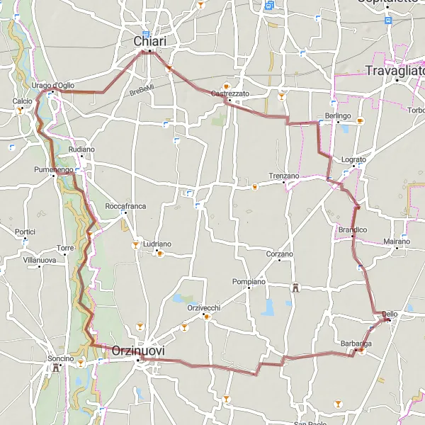 Mapa miniatúra "Gravelová cyklotrasa cez Barbariga a Maclodio" cyklistická inšpirácia v Lombardia, Italy. Vygenerované cyklistickým plánovačom trás Tarmacs.app