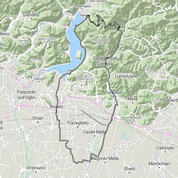 Karten-Miniaturansicht der Radinspiration "Rovato - Montecolino - Dosso del Becco - Pezzaze - Don Bosco - Dello" in Lombardia, Italy. Erstellt vom Tarmacs.app-Routenplaner für Radtouren