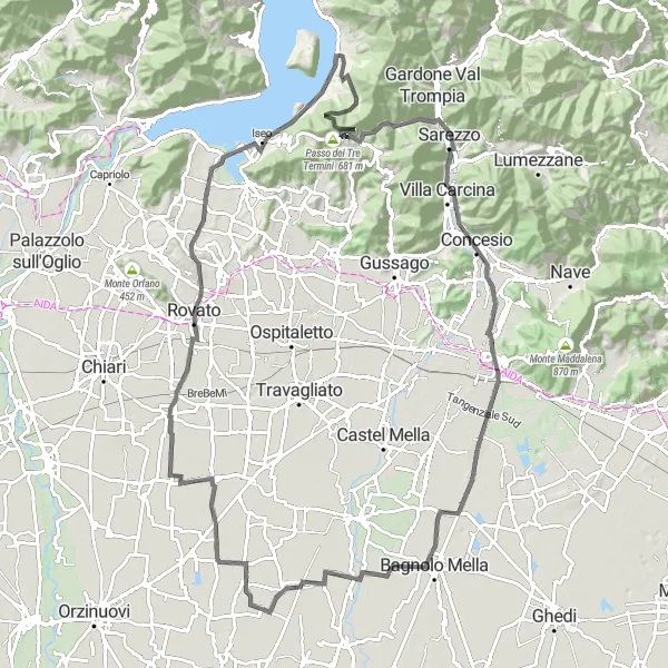 Map miniature of "Montecolino Challenge: Trenzano to Dello" cycling inspiration in Lombardia, Italy. Generated by Tarmacs.app cycling route planner