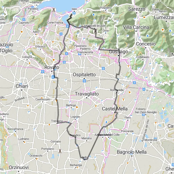 Map miniature of "The Dello Loop" cycling inspiration in Lombardia, Italy. Generated by Tarmacs.app cycling route planner