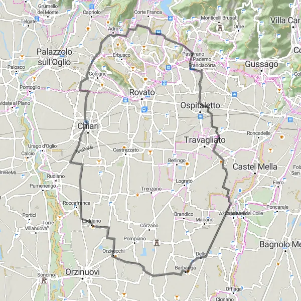 Map miniature of "Discovering Borgonato and Monte Castelli" cycling inspiration in Lombardia, Italy. Generated by Tarmacs.app cycling route planner