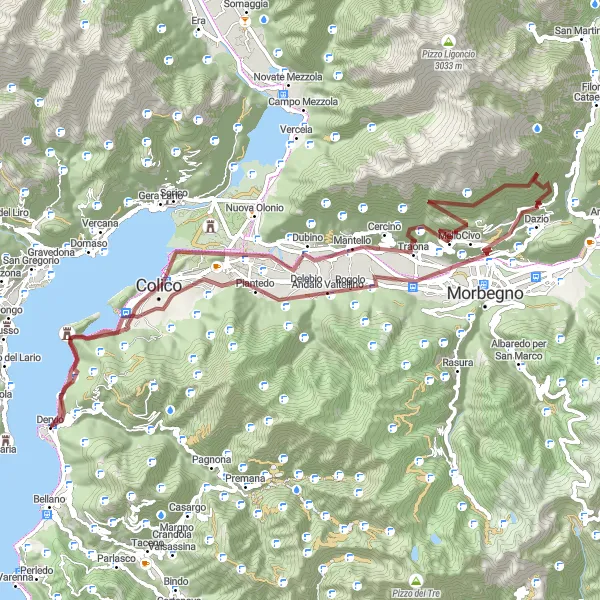 Miniatura della mappa di ispirazione al ciclismo "Giro in Gravel tra Dervio e Dervio" nella regione di Lombardia, Italy. Generata da Tarmacs.app, pianificatore di rotte ciclistiche