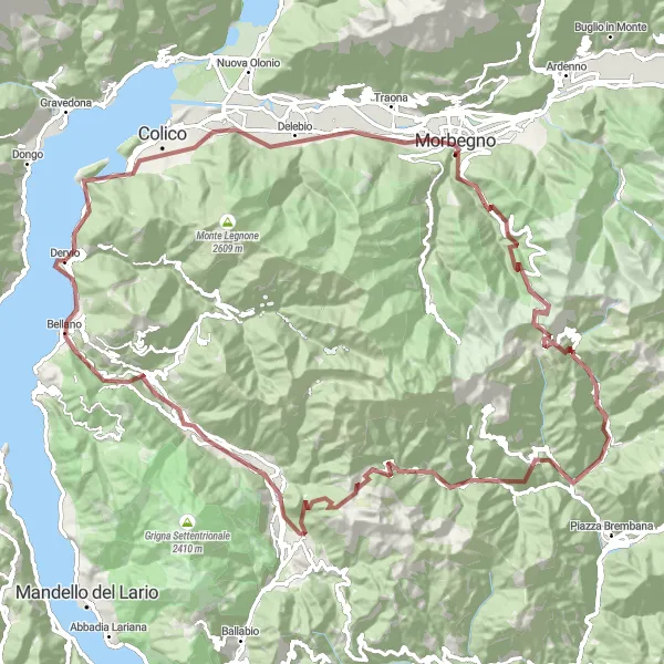 Map miniature of "Dervio Gravel Epic" cycling inspiration in Lombardia, Italy. Generated by Tarmacs.app cycling route planner
