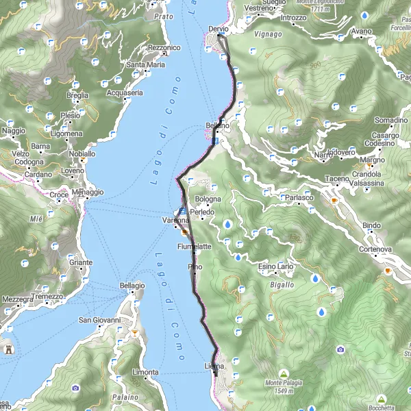 Kartminiatyr av "Denne ruten tar deg gjennom Bellano, Sasso Sant'Ambrogio og Hotel Eremo Gaudio" sykkelinspirasjon i Lombardia, Italy. Generert av Tarmacs.app sykkelrutoplanlegger