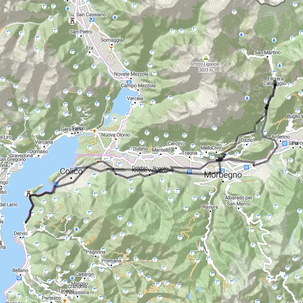Miniatua del mapa de inspiración ciclista "Ruta de ciclismo de carretera a Montecchio Nord y Dorio desde Dervio" en Lombardia, Italy. Generado por Tarmacs.app planificador de rutas ciclistas