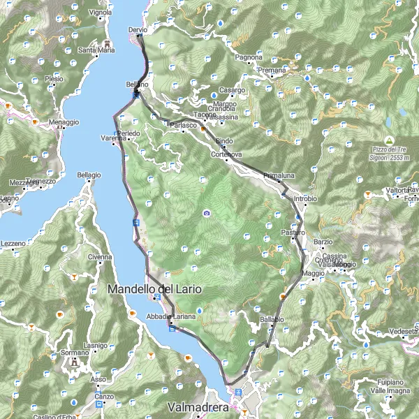Kartminiatyr av "Challenging Route from Varenna to Lecco" sykkelinspirasjon i Lombardia, Italy. Generert av Tarmacs.app sykkelrutoplanlegger