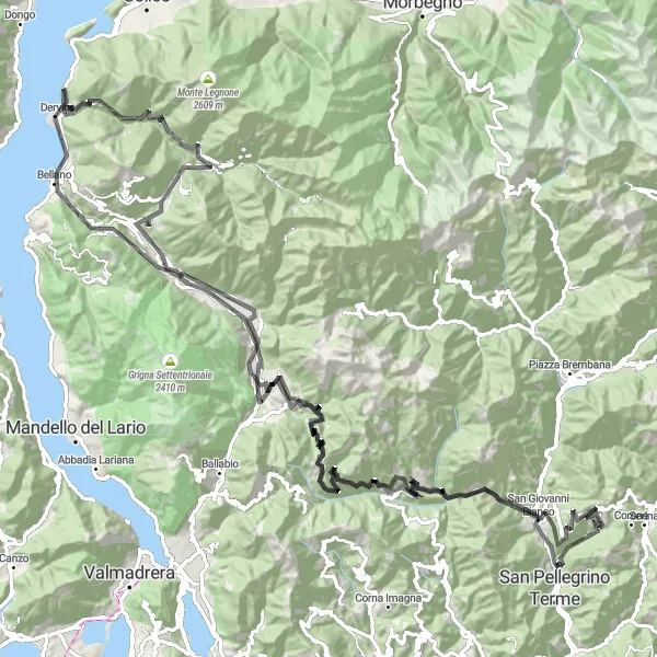 Kartminiatyr av "Opplev Pagnona, Crandola Valsassina og Corno dell'Acqua på denne 159 km lange veien" sykkelinspirasjon i Lombardia, Italy. Generert av Tarmacs.app sykkelrutoplanlegger