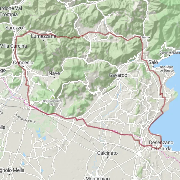 Karten-Miniaturansicht der Radinspiration "Tour um Desenzano del Garda und Monte Corno" in Lombardia, Italy. Erstellt vom Tarmacs.app-Routenplaner für Radtouren