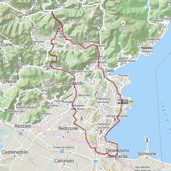 Miniatua del mapa de inspiración ciclista "Ruta escénica por Calvagese della Riviera y Barghe en grava" en Lombardia, Italy. Generado por Tarmacs.app planificador de rutas ciclistas