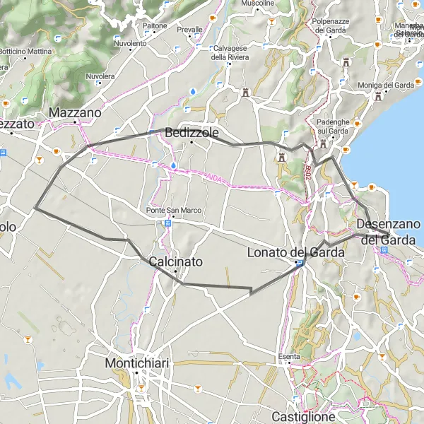 Miniatura della mappa di ispirazione al ciclismo "Rotta panoramica da Desenzano del Garda a Monte Corno" nella regione di Lombardia, Italy. Generata da Tarmacs.app, pianificatore di rotte ciclistiche