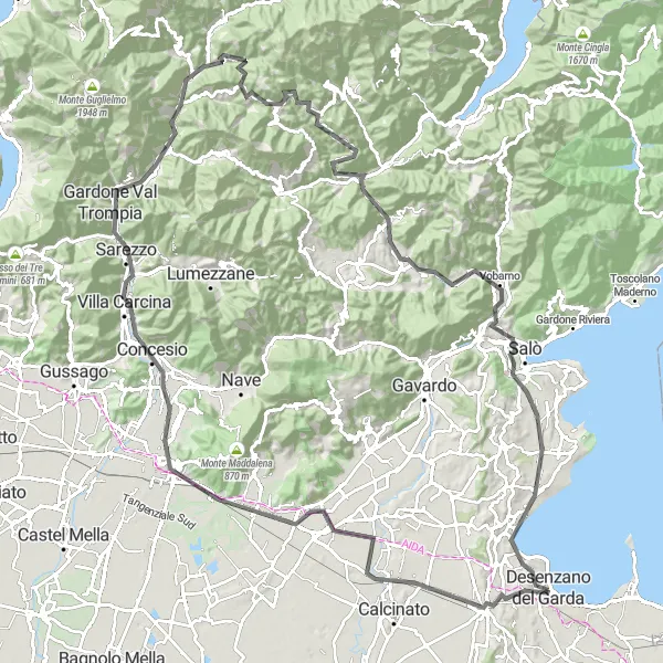 Miniatuurkaart van de fietsinspiratie "Uitdagende wegfietsroute van 126 km in de omgeving van Desenzano del Garda" in Lombardia, Italy. Gemaakt door de Tarmacs.app fietsrouteplanner