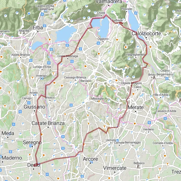 Miniatura della mappa di ispirazione al ciclismo "Avventura in bicicletta tra Giussano e Lesmo" nella regione di Lombardia, Italy. Generata da Tarmacs.app, pianificatore di rotte ciclistiche