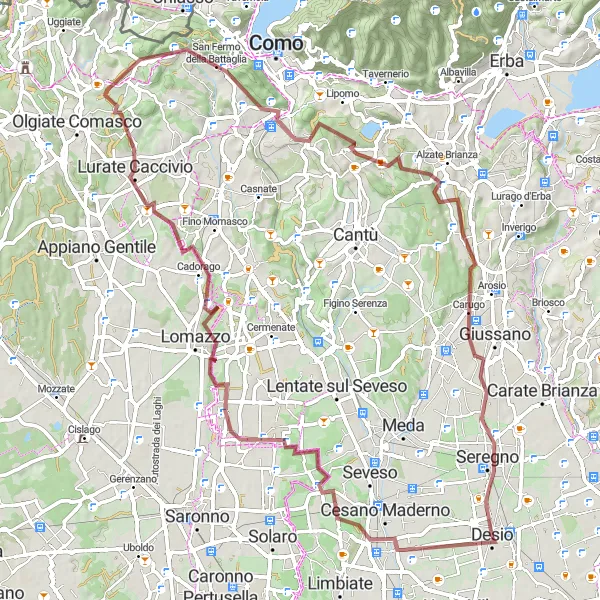 Miniatura della mappa di ispirazione al ciclismo "Esplorazione gravel da Desio a Seregno" nella regione di Lombardia, Italy. Generata da Tarmacs.app, pianificatore di rotte ciclistiche