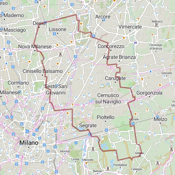 Miniatura della mappa di ispirazione al ciclismo "Giro gravel tra Desio e Nova Milanese" nella regione di Lombardia, Italy. Generata da Tarmacs.app, pianificatore di rotte ciclistiche