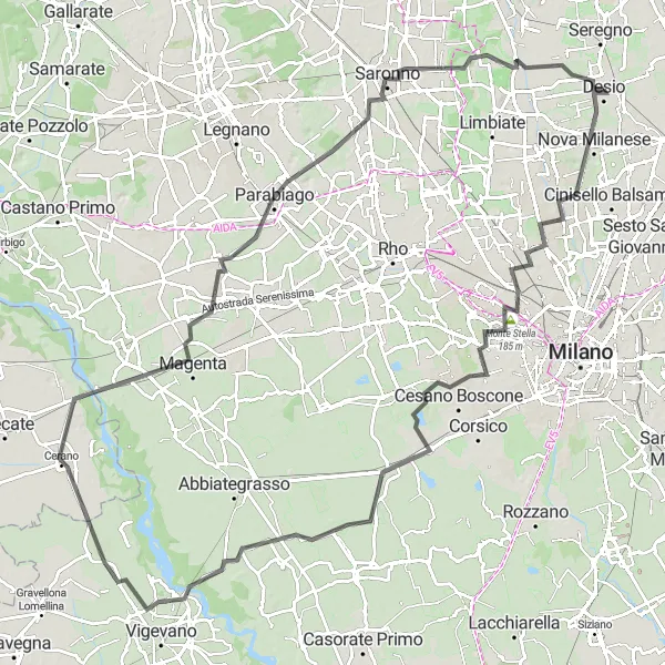 Miniatura della mappa di ispirazione al ciclismo "Tour panoramico tra Nova Milanese e Ceriano Laghetto" nella regione di Lombardia, Italy. Generata da Tarmacs.app, pianificatore di rotte ciclistiche