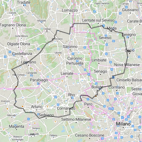 Miniatua del mapa de inspiración ciclista "Ruta de 92 km en carretera desde Desio a Meda" en Lombardia, Italy. Generado por Tarmacs.app planificador de rutas ciclistas