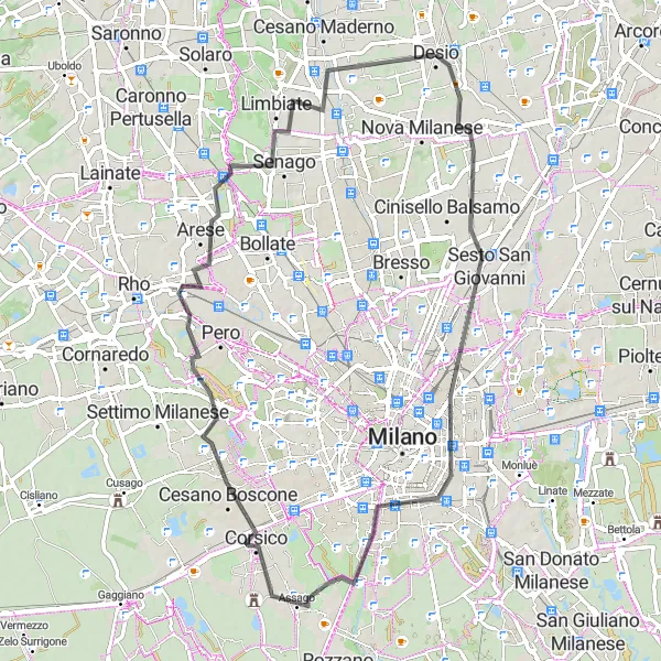 Miniature de la carte de l'inspiration cycliste "Itinéraire culturel autour de Desio" dans la Lombardia, Italy. Générée par le planificateur d'itinéraire cycliste Tarmacs.app