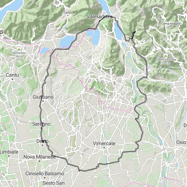 Kartminiatyr av "Långa kullar och pittoreska byar" cykelinspiration i Lombardia, Italy. Genererad av Tarmacs.app cykelruttplanerare
