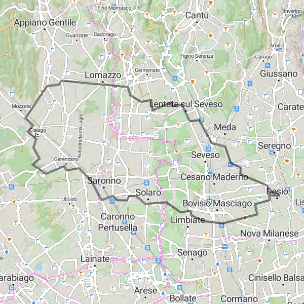 Miniatua del mapa de inspiración ciclista "Ruta de ciclismo de 58 km en carretera desde Desio" en Lombardia, Italy. Generado por Tarmacs.app planificador de rutas ciclistas