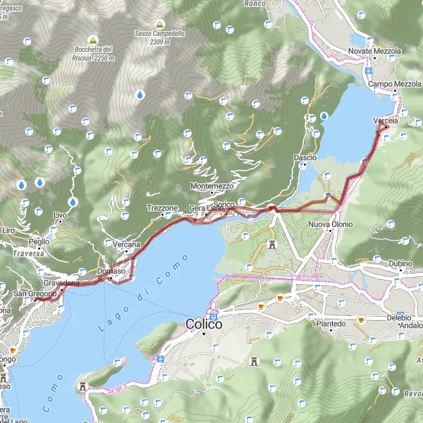 Miniatua del mapa de inspiración ciclista "Ruta por carretera de 35 km cerca de Dongo" en Lombardia, Italy. Generado por Tarmacs.app planificador de rutas ciclistas