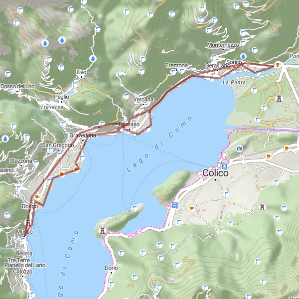 Miniature de la carte de l'inspiration cycliste "Sentier panoramique autour de Dongo" dans la Lombardia, Italy. Générée par le planificateur d'itinéraire cycliste Tarmacs.app
