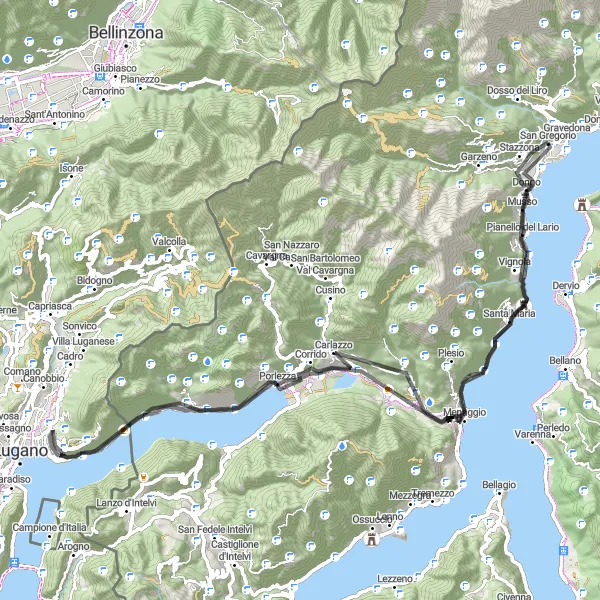 Miniaturní mapa "Cestování po silnici kolem jezera Como" inspirace pro cyklisty v oblasti Lombardia, Italy. Vytvořeno pomocí plánovače tras Tarmacs.app