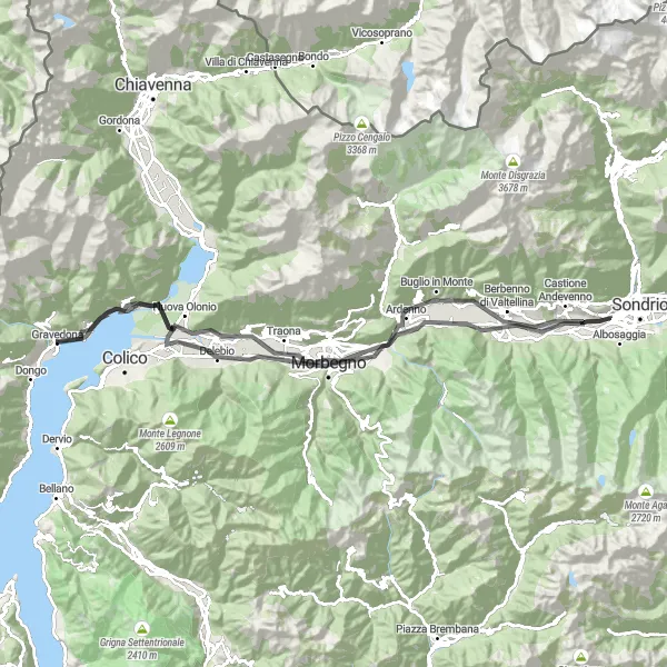 Miniatua del mapa de inspiración ciclista "Recorrido de 101 km por carretera desde Dongo" en Lombardia, Italy. Generado por Tarmacs.app planificador de rutas ciclistas