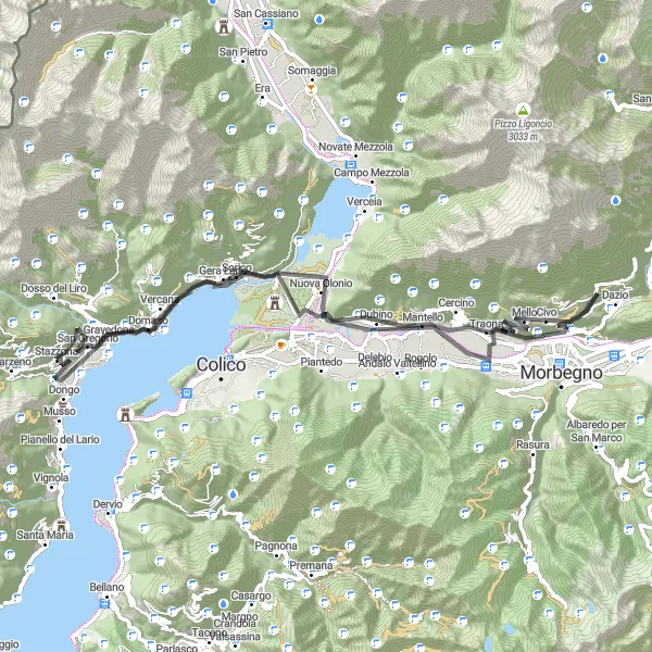 Zemljevid v pomanjšavi "Raziščite alpske vasice in naravne lepote" kolesarske inspiracije v Lombardia, Italy. Generirano z načrtovalcem kolesarskih poti Tarmacs.app