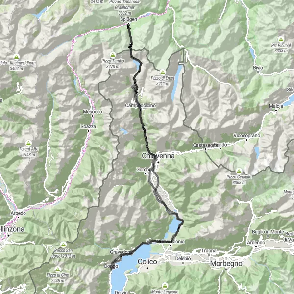 Miniatura della mappa di ispirazione al ciclismo "Sorico - Splügen Pass" nella regione di Lombardia, Italy. Generata da Tarmacs.app, pianificatore di rotte ciclistiche