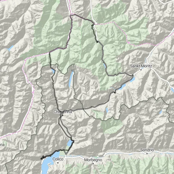 Miniature de la carte de l'inspiration cycliste "Traversée épique de 246 km à travers les Alpes" dans la Lombardia, Italy. Générée par le planificateur d'itinéraire cycliste Tarmacs.app