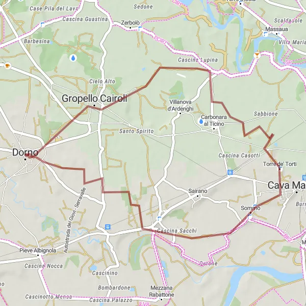 Mapa miniatúra "Výlet cez Gropello Cairoli a Zinasco Vecchio" cyklistická inšpirácia v Lombardia, Italy. Vygenerované cyklistickým plánovačom trás Tarmacs.app