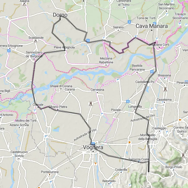 Miniature de la carte de l'inspiration cycliste "Tour de Torrazza Coste" dans la Lombardia, Italy. Générée par le planificateur d'itinéraire cycliste Tarmacs.app