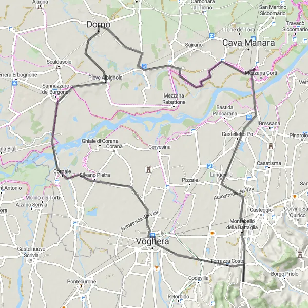 Miniatuurkaart van de fietsinspiratie "Lungavilla - Torrazza Coste - Cornale" in Lombardia, Italy. Gemaakt door de Tarmacs.app fietsrouteplanner