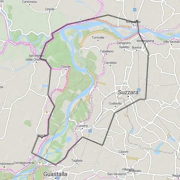 Miniatua del mapa de inspiración ciclista "Ruta escénica por carretera cerca de Dosolo" en Lombardia, Italy. Generado por Tarmacs.app planificador de rutas ciclistas
