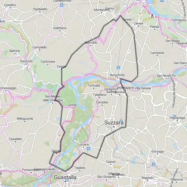 Kartminiatyr av "Dosolo till Luzzara via Cesole" cykelinspiration i Lombardia, Italy. Genererad av Tarmacs.app cykelruttplanerare